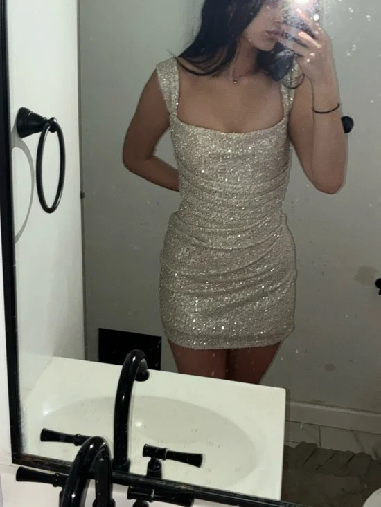 Lucy in the Sky Sequin Mini Dress in Champagne Gold Butterfly Back ruched cowl - Picture 2 of 4